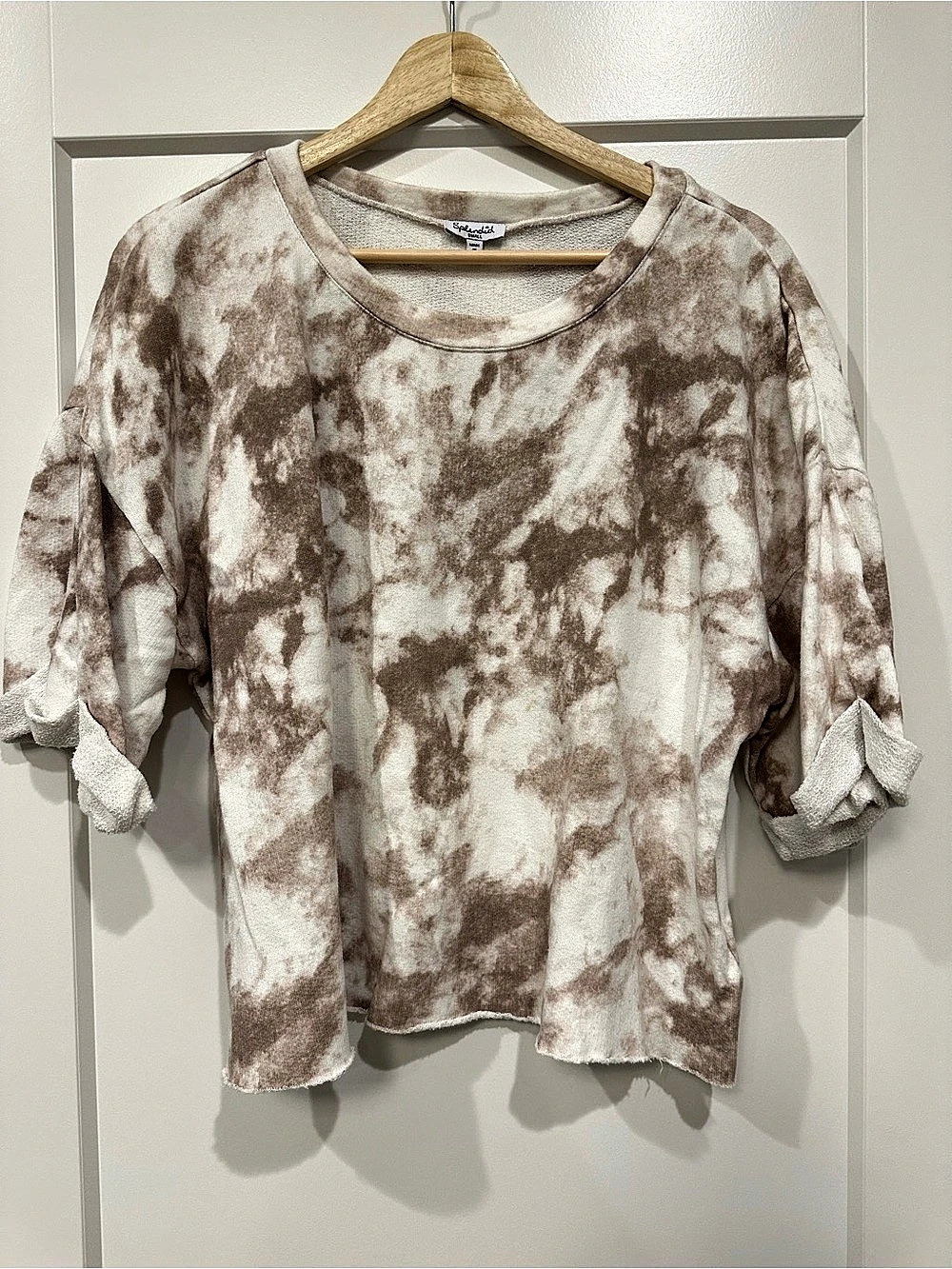Splendid Short Sleeve Cotton Top in Brown & White Tie Dye Size Small